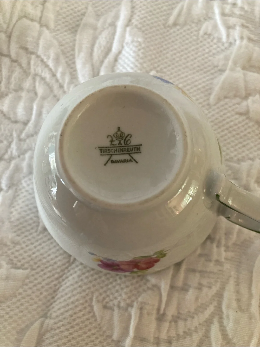 Porcelain Teacup and Saucer Set in White with Pink and Green Floral Trim